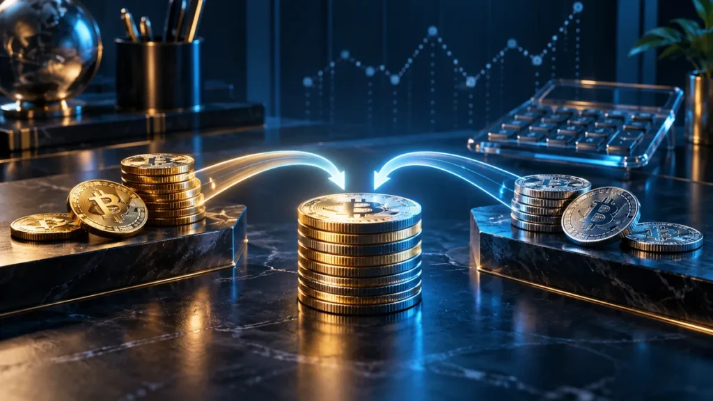 Two groups of crypto coins combining into one stack beside a calculator