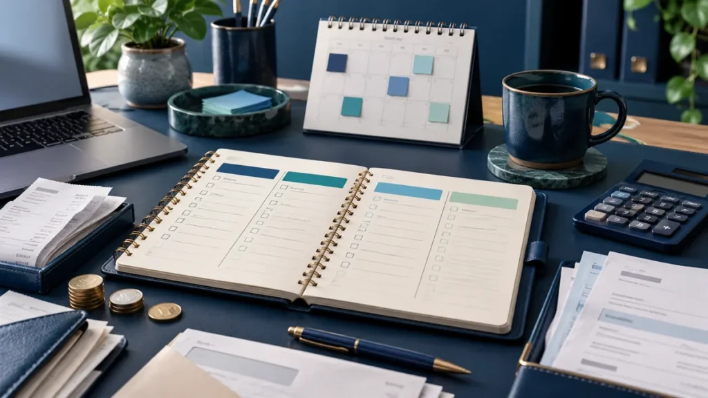 Planning notebook, calendar, calculator and invoices arranged for a small business cash flow forecast.