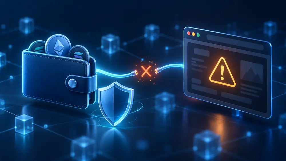 Crypto wallet disconnected from a suspicious website displaying a warning symbol.