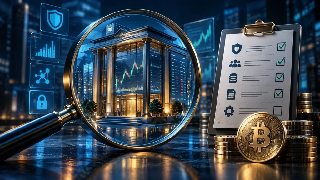 Magnifying glass examining a crypto exchange beside a due diligence checklist
