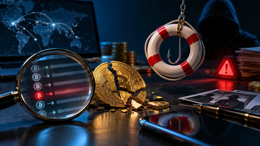 Broken crypto coin beside a hooked lifebuoy illustrating deceptive recovery offers