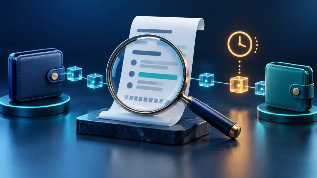 Magnifying glass over a transaction receipt between two wallets with a clock showing a pending transfer.