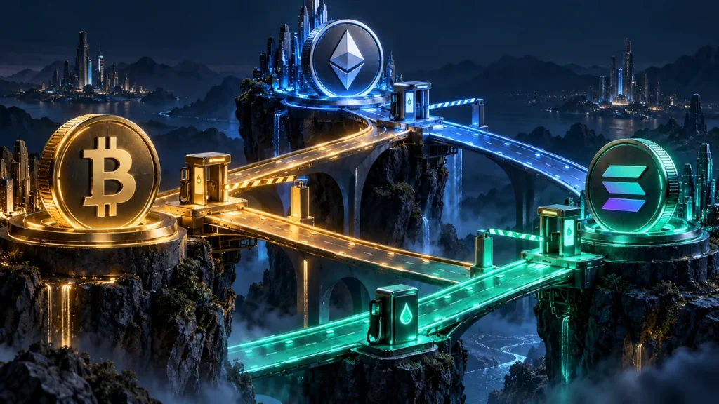 Blockchain networks connected by illuminated routes and toll gates representing transfer fees