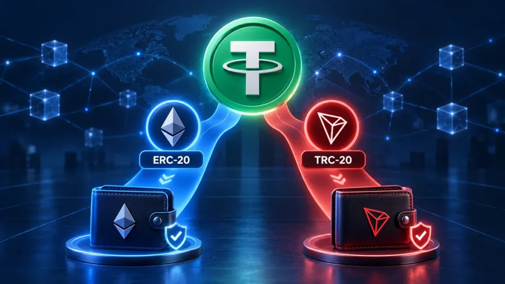 USDT transfer routes on Ethereum ERC-20 and TRON TRC-20, illustrated with separate wallets.