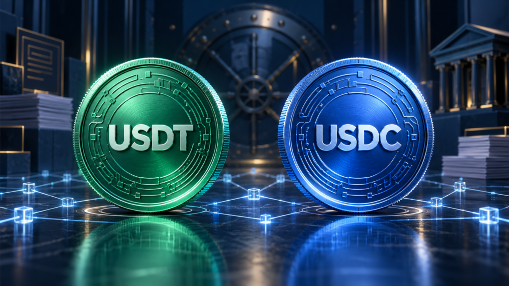 Illustration of green USDT and blue USDC coins with a bank vault and blockchain connections