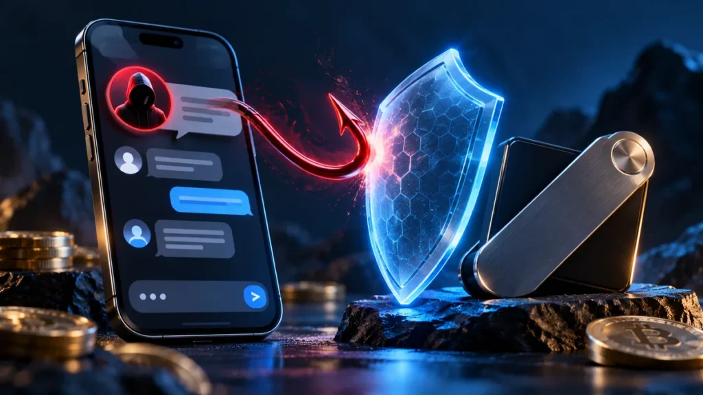 Phishing hook emerging from a support message blocked by a shield beside a hardware wallet