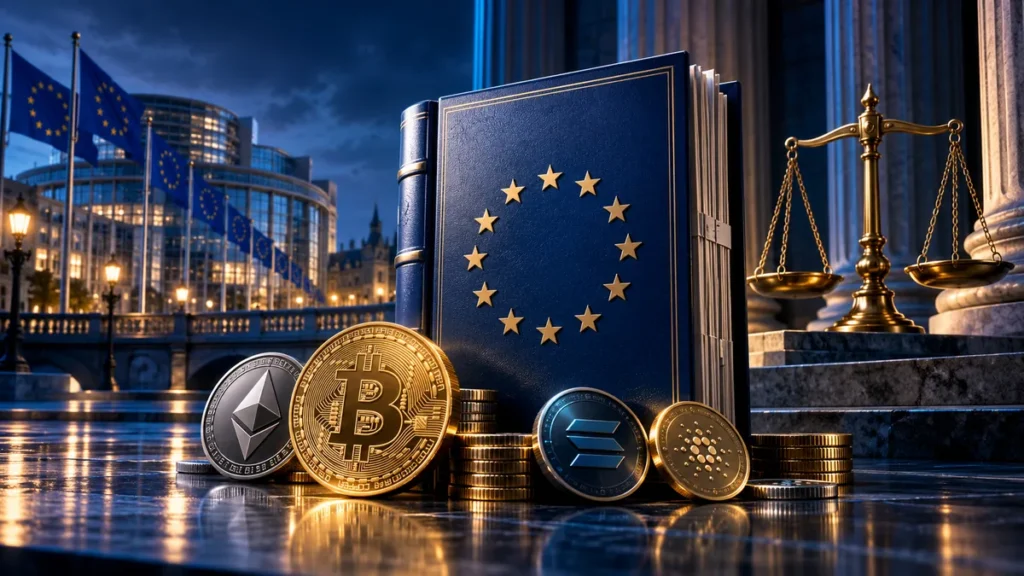 European regulation book, crypto coins and balance scales illustrating MiCA