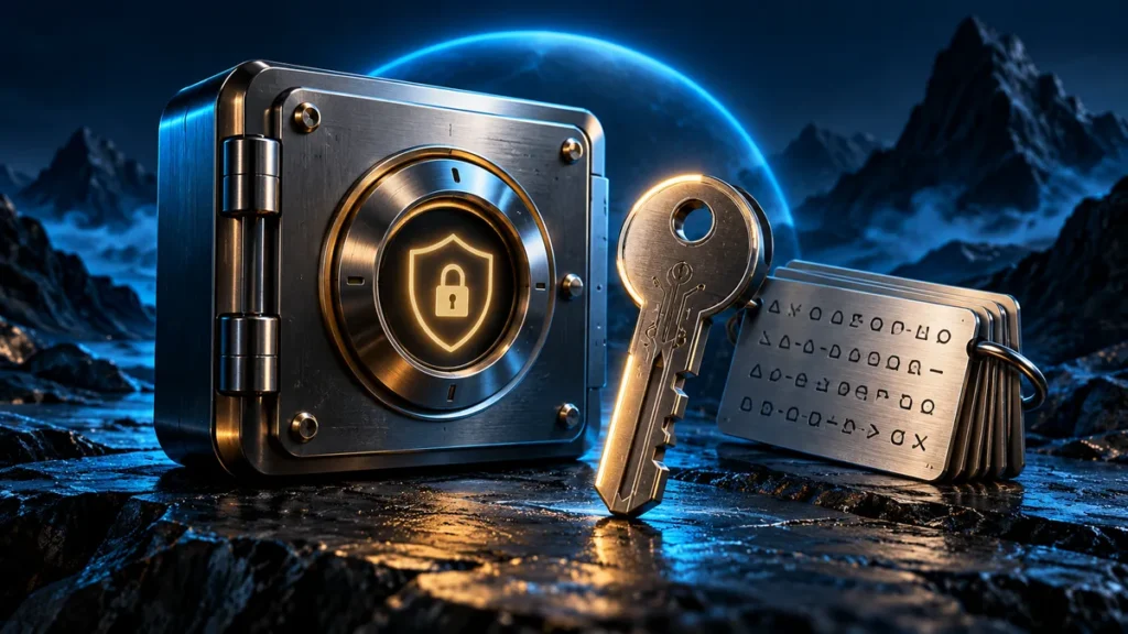 Metal vault, private key and recovery backup card illustrating different wallet access methods
