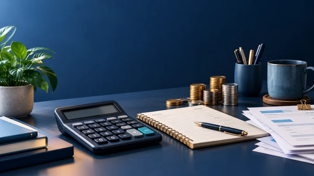 Calculator, ledger notebook, invoices and coins on a navy desk illustrating small business finance planning.