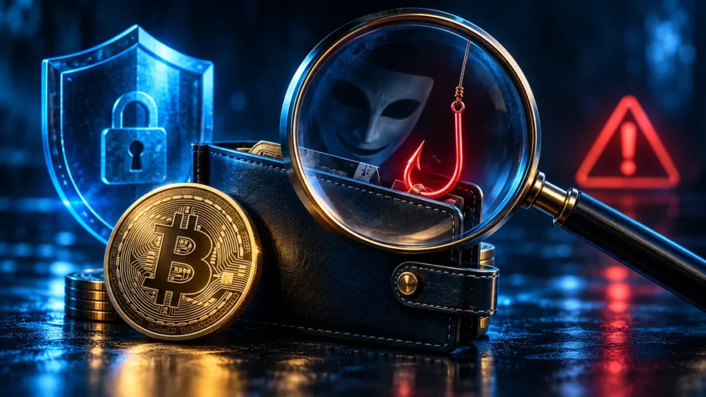 Magnifying glass revealing a phishing hook and deceptive mask beside a crypto wallet